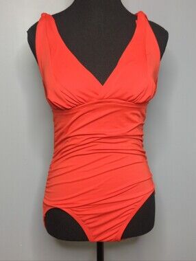 Time and Tru Coral Red Ruched Tummy Control V-Neck One Piece Swimsuit M